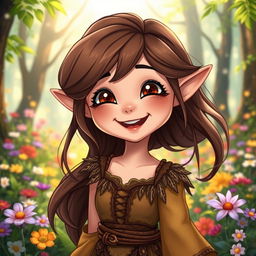 A cute female elf with chocolate brown eyes and long, flowing brown hair, laughing heartily