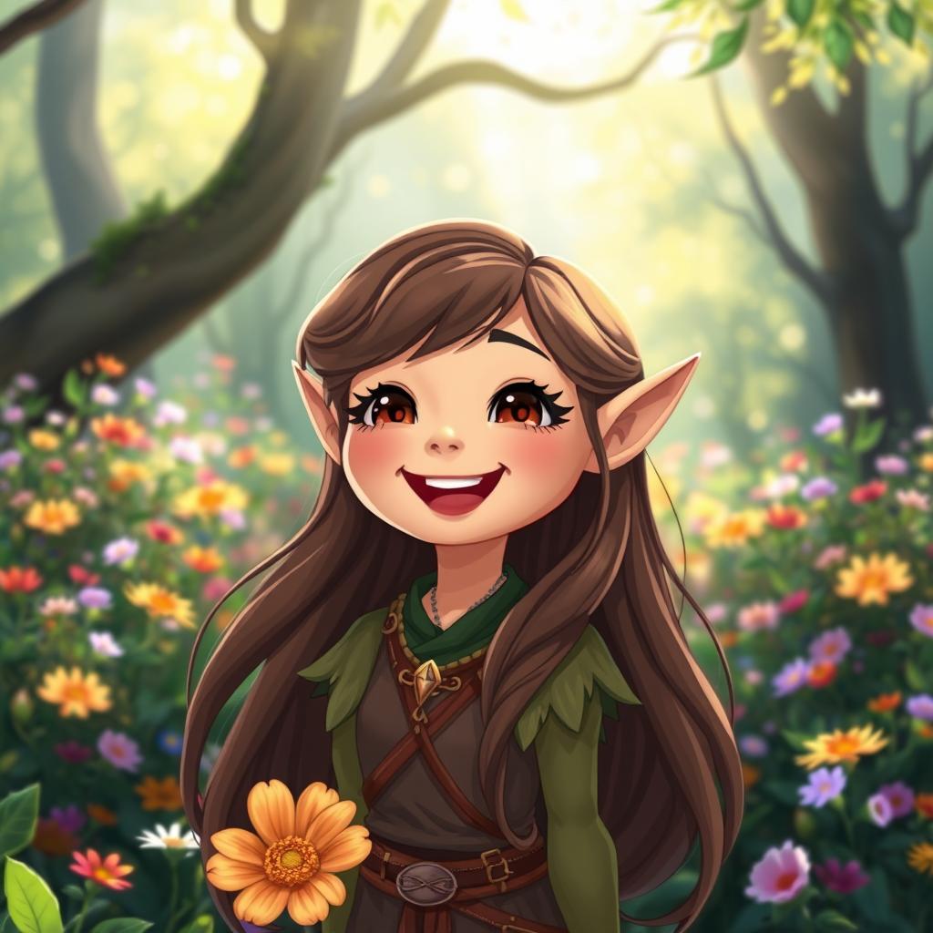 A cute female elf with chocolate brown eyes and long, flowing brown hair, laughing heartily