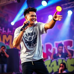 A handsome Indonesian man with a confident demeanor, passionately performing a rap song on stage