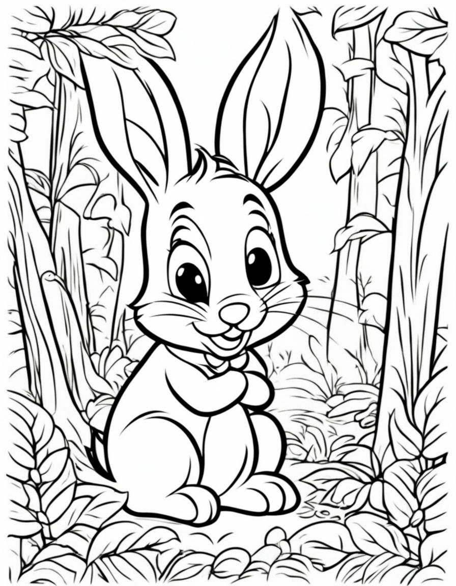 Disney-style coloring page featuring a friendly bunny in a forest scene.