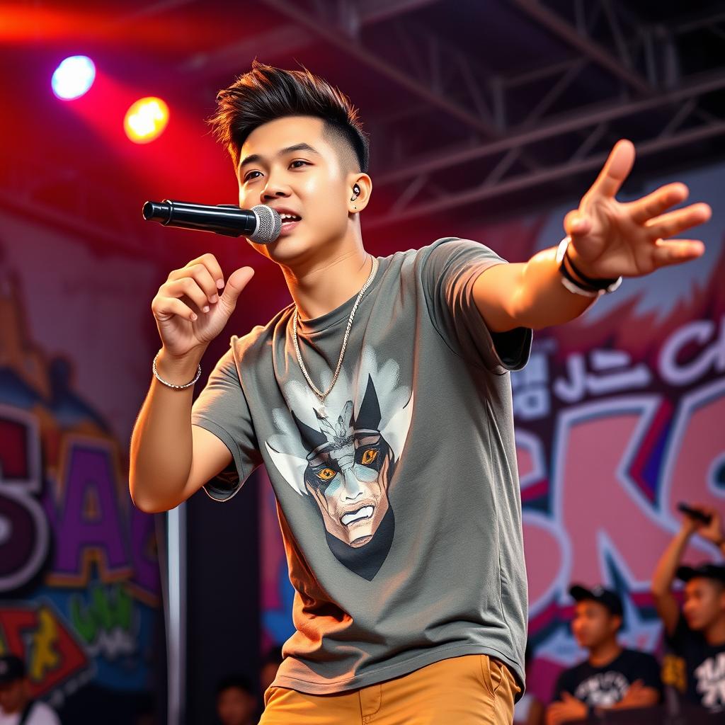 A handsome Indonesian man with a confident demeanor, passionately performing a rap song on stage