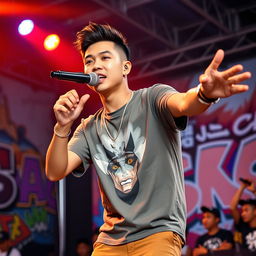 A handsome Indonesian man with a confident demeanor, passionately performing a rap song on stage