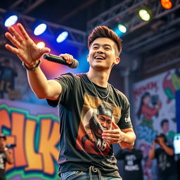 A handsome Indonesian man with a confident demeanor, passionately performing a rap song on stage