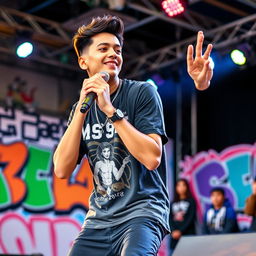 A handsome Indonesian man with a confident demeanor, passionately performing a rap song on stage