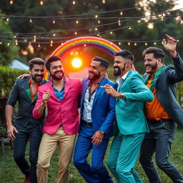 A vibrant and colorful celebration of love in a picturesque outdoor setting, featuring a diverse group of adult men joyfully dancing together under strings of sparkling fairy lights