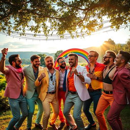 A vibrant and colorful celebration of love in a picturesque outdoor setting, featuring a diverse group of adult men joyfully dancing together under strings of sparkling fairy lights