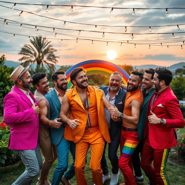 A vibrant and colorful celebration of love in a picturesque outdoor setting, featuring a diverse group of adult men joyfully dancing together under strings of sparkling fairy lights