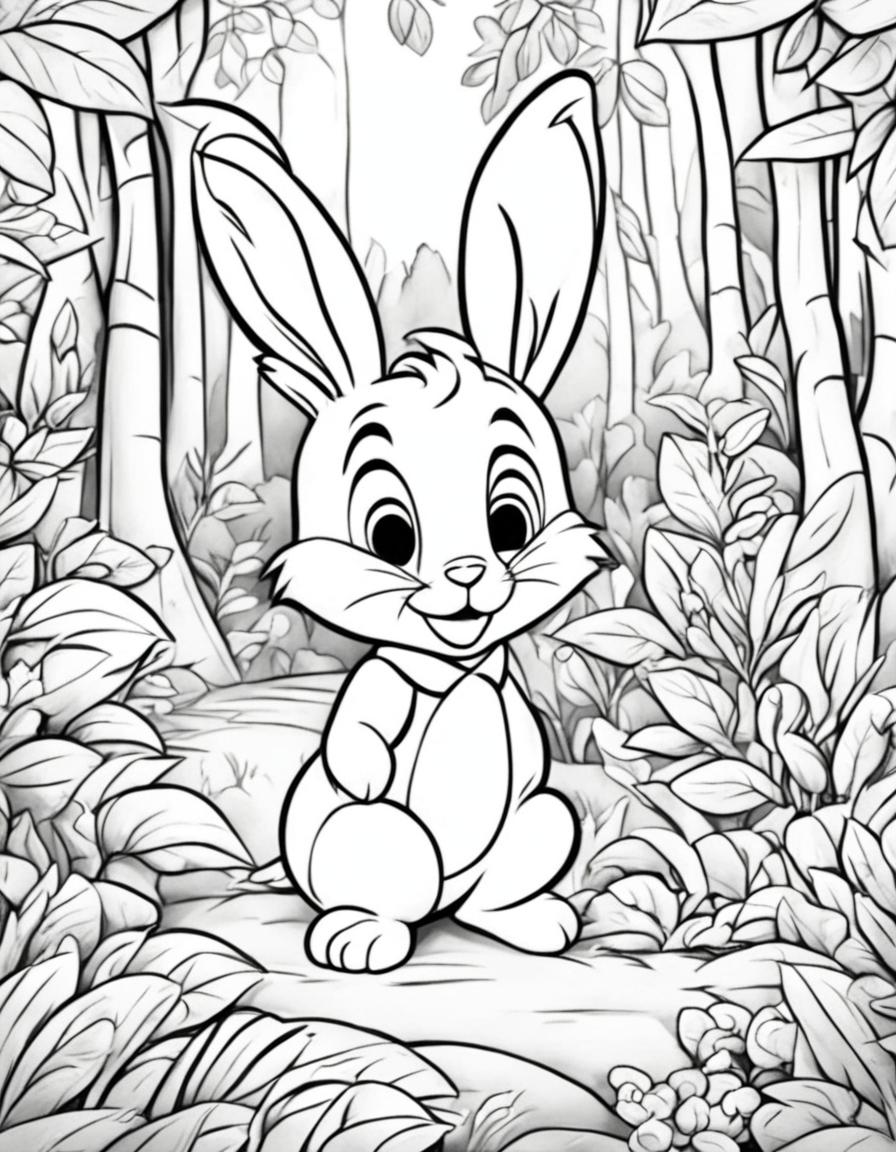 Disney-style coloring page featuring a friendly bunny in a forest scene.