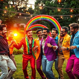 A vibrant and colorful celebration of love in a picturesque outdoor setting, featuring a diverse group of adult men joyfully dancing together under strings of sparkling fairy lights