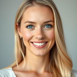 A portrait of a beautiful blonde woman aged 30-35, with a modest demeanor, radiant and genuine smile, and striking blue eyes