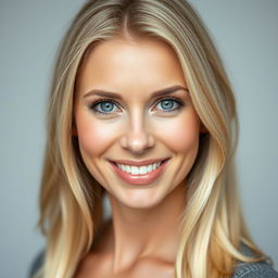 A portrait of a beautiful blonde woman aged 30-35, with a modest demeanor, radiant and genuine smile, and striking blue eyes