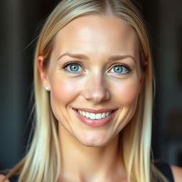 A portrait of a beautiful blonde woman aged 30-35, with a modest demeanor, radiant and genuine smile, and striking blue eyes
