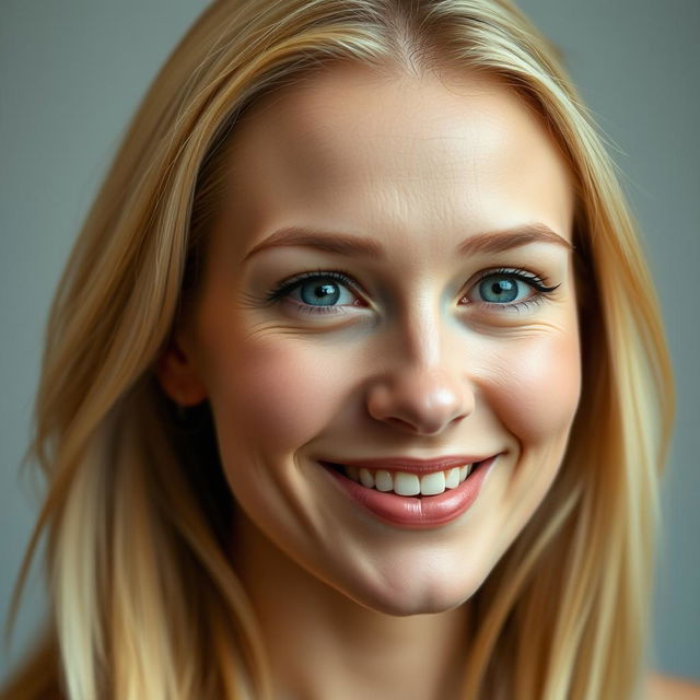 A portrait of a beautiful blonde woman aged 30-35, with a modest demeanor, radiant and genuine smile, and striking blue eyes