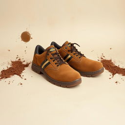 A pair of light brown suede safety shoes featuring a stylish gold and black stripe with the word 'PROG' prominently displayed