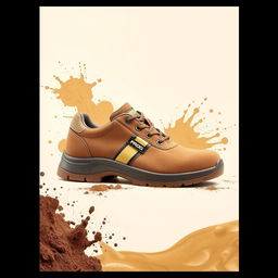 A pair of light brown suede safety shoes featuring a stylish gold and black stripe with the word 'PROG' prominently displayed