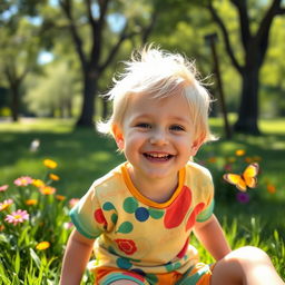 A cheerful young boy with bright blonde hair, playing outside in a sunlit park