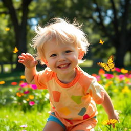 A cheerful young boy with bright blonde hair, playing outside in a sunlit park