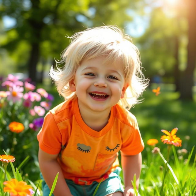 A cheerful young boy with bright blonde hair, playing outside in a sunlit park