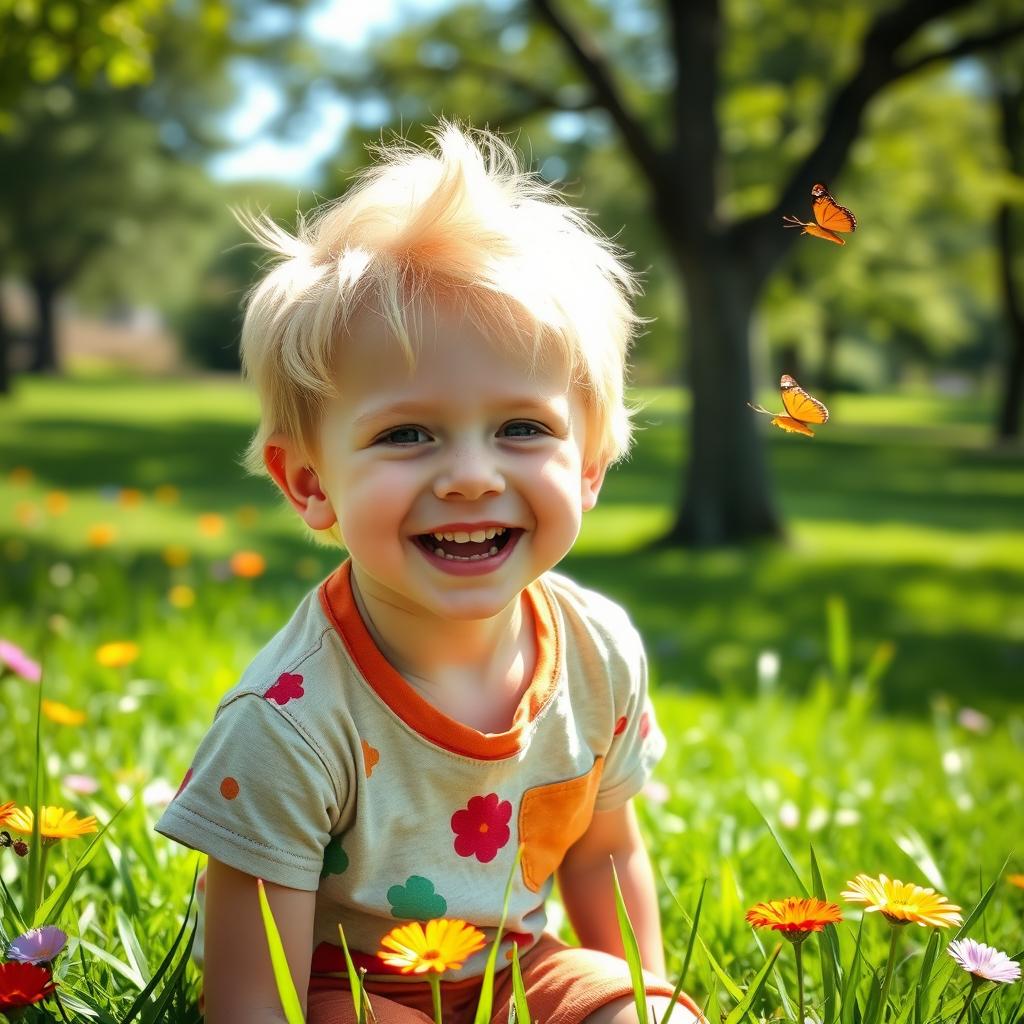 A cheerful young boy with bright blonde hair, playing outside in a sunlit park