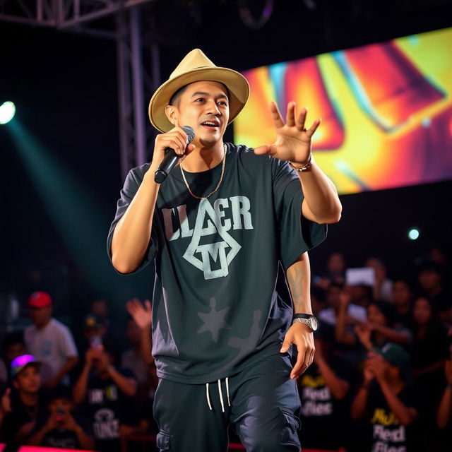 A handsome Indonesian man wearing a stylish hat, passionately performing a rap song on stage