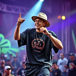 A handsome Indonesian man wearing a stylish hat, passionately performing a rap song on stage