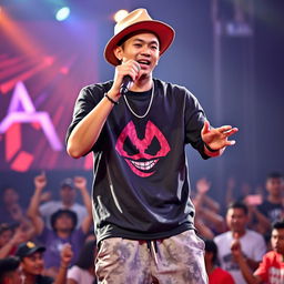 A handsome Indonesian man wearing a stylish hat, passionately performing a rap song on stage