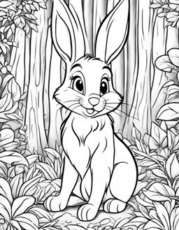 Disney-style coloring page featuring a friendly bunny in a forest scene.