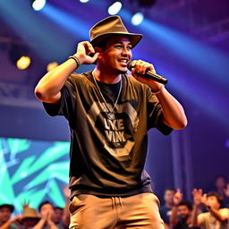 A handsome Indonesian man wearing a stylish hat, passionately performing a rap song on stage