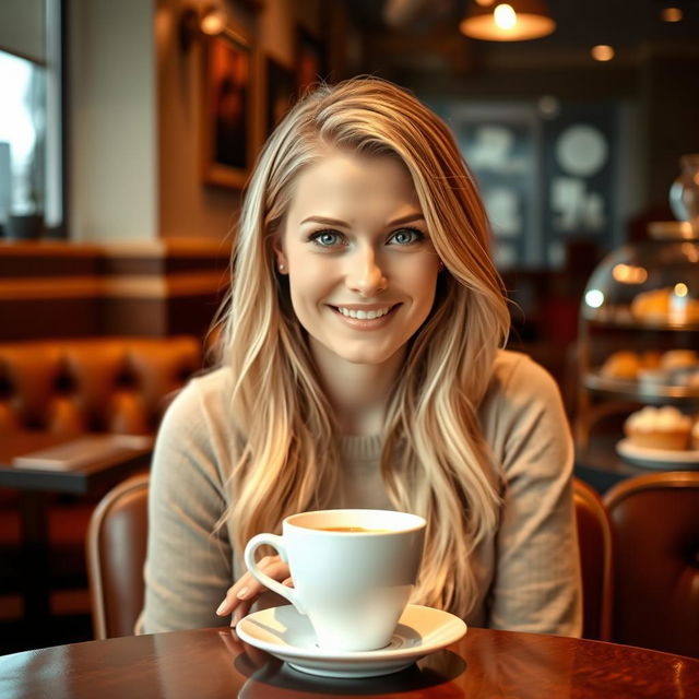 A lovely blonde woman aged 30-35, with a sweet, shy demeanor, sitting in a cozy café