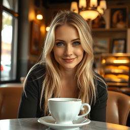 A lovely blonde woman aged 30-35, with a sweet, shy demeanor, sitting in a cozy café