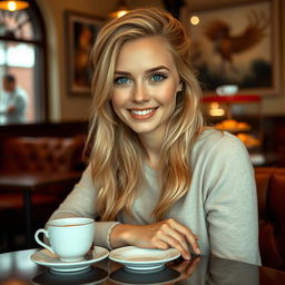 A lovely blonde woman aged 30-35, with a sweet, shy demeanor, sitting in a cozy café