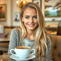 A lovely blonde woman aged 30-35, with a sweet, shy demeanor, sitting in a cozy café
