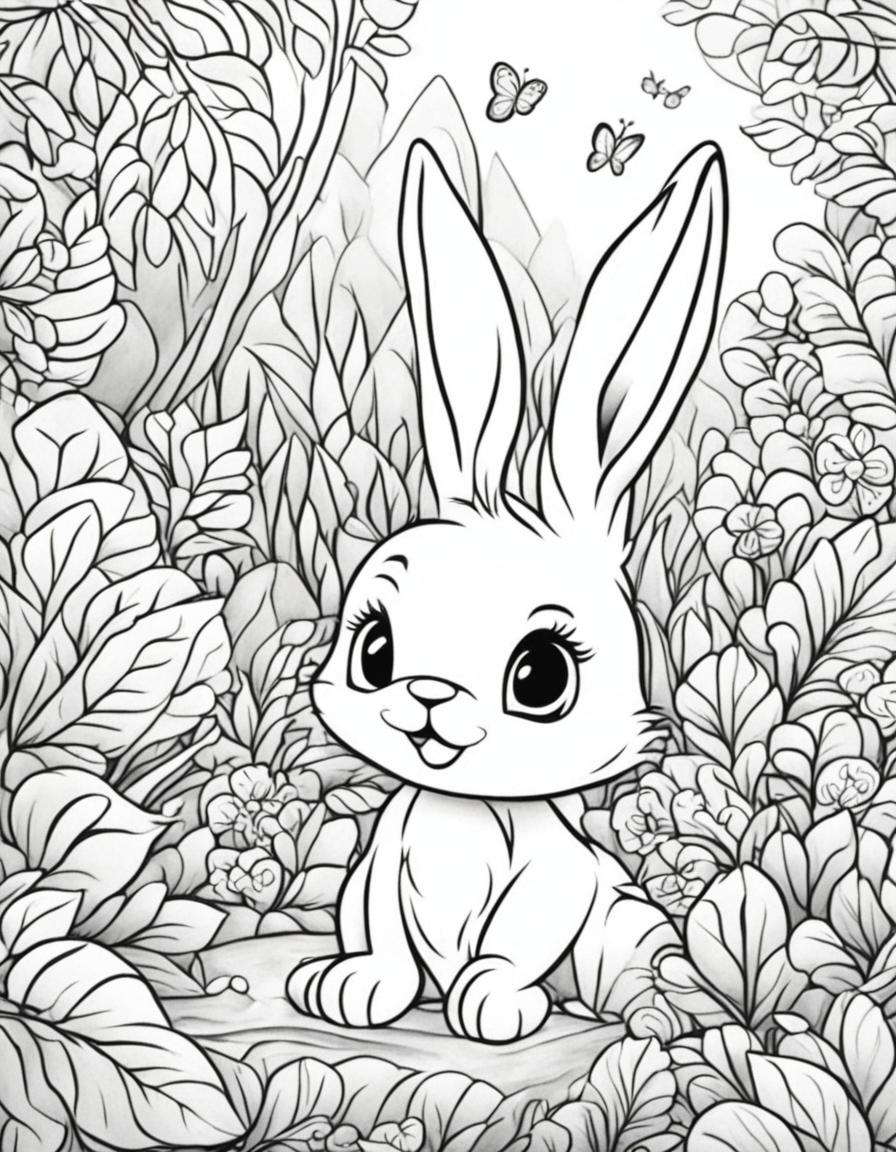 Ultra-adorable Disney-style coloring page featuring a cute bunny in a whimsical forest scene.