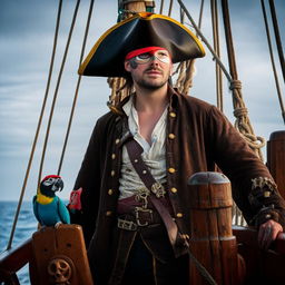 A classic pirate with a weathered tricorn hat, eye patch, and a parrot on his shoulder, standing on the deck of a wooden pirate ship.