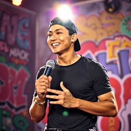 A handsome Indonesian man wearing a backwards cap, exuding confidence as he performs a rap song on stage