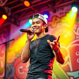 A handsome Indonesian man wearing a backwards cap, exuding confidence as he performs a rap song on stage