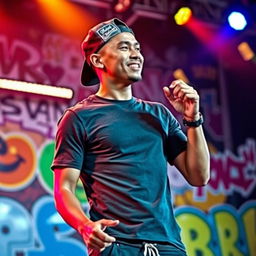 A handsome Indonesian man wearing a backwards cap, exuding confidence as he performs a rap song on stage