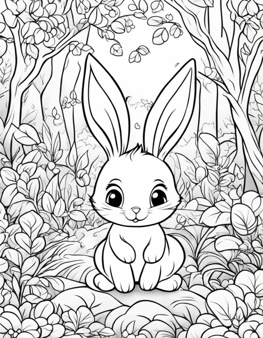 Ultra-adorable Disney-style coloring page featuring a cute bunny in a whimsical forest scene.