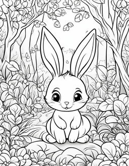 Ultra-adorable Disney-style coloring page featuring a cute bunny in a whimsical forest scene.