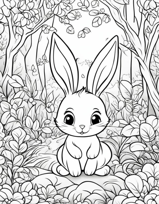 Ultra-adorable Disney-style coloring page featuring a cute bunny in a whimsical forest scene.