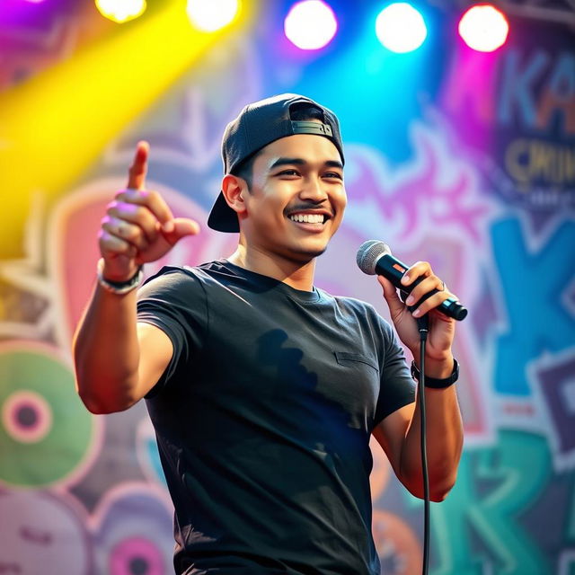 A handsome Indonesian man wearing a backwards cap, exuding confidence as he performs a rap song on stage