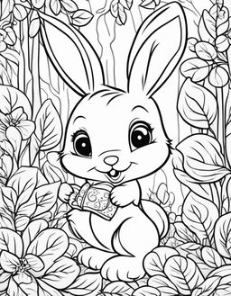 Ultra-adorable Disney-style coloring page featuring a cute bunny in a whimsical forest scene.