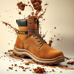 A short light brown suede safety boot for men featuring a stylish gold and black stripe with the word 'PROG' prominently displayed