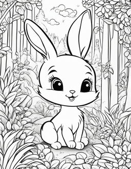 Ultra-adorable Disney-style coloring page featuring a cute bunny in a whimsical forest scene.