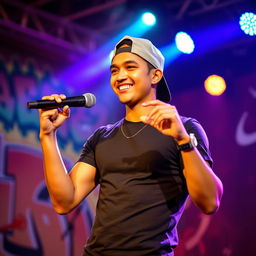 A handsome Indonesian man wearing a backwards hat, exuding confidence as he performs a rap song on stage