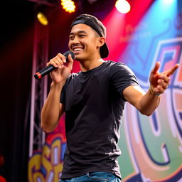 A handsome Indonesian man wearing a backwards hat, exuding confidence as he performs a rap song on stage