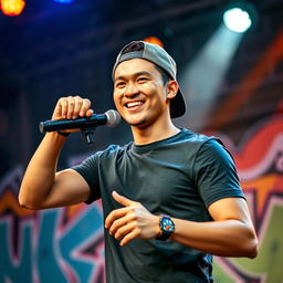 A handsome Indonesian man wearing a backwards hat, exuding confidence as he performs a rap song on stage