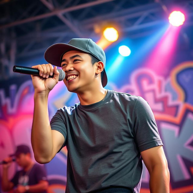 A handsome Indonesian man wearing a backwards hat, exuding confidence as he performs a rap song on stage