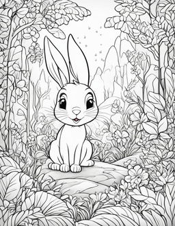 Ultra-detailed Disney-style coloring page featuring an ultra-cute bunny in a whimsical forest scene filled with friendly creatures