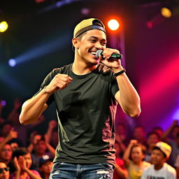 A handsome Indonesian man wearing a backwards hat, energetically performing a rap song on stage